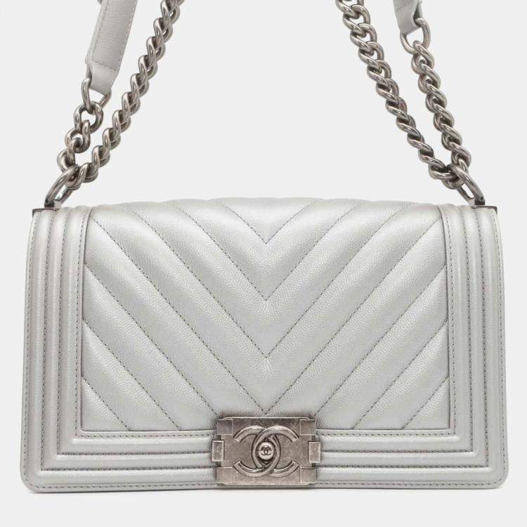 Chanel Metallic Silver Leather Chevron Medium Boy Shoulder Bag