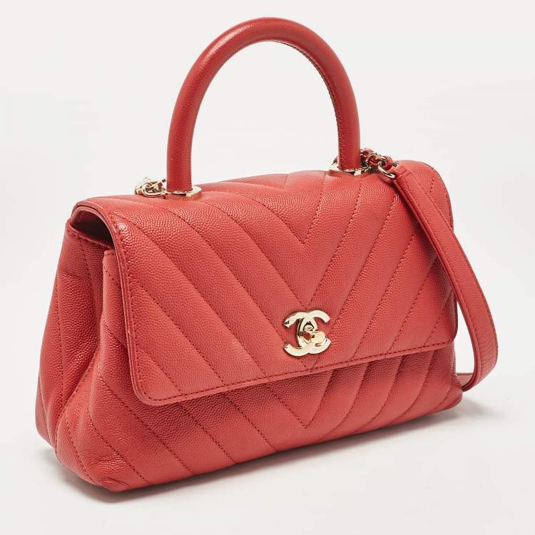 Pre Owned Chanel Brick Red Caviar Leather Mini Coco Top Handle Bag