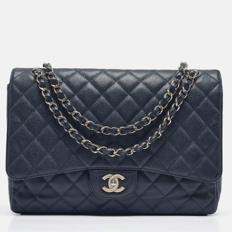 Chanel Navy Blue Quilted Caviar Leather Maxi Classic Single Flap Bag