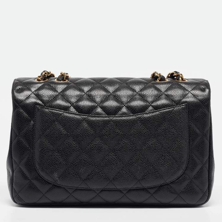 Pre Owned Chanel Black Quilted Caviar Leather Jumbo Classic Single Flap Bag