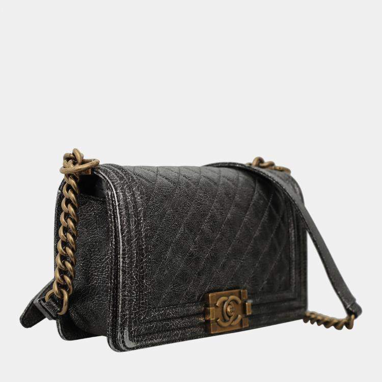 Pre Owned Chanel Metallic Grey Leather Medium Boy Bag