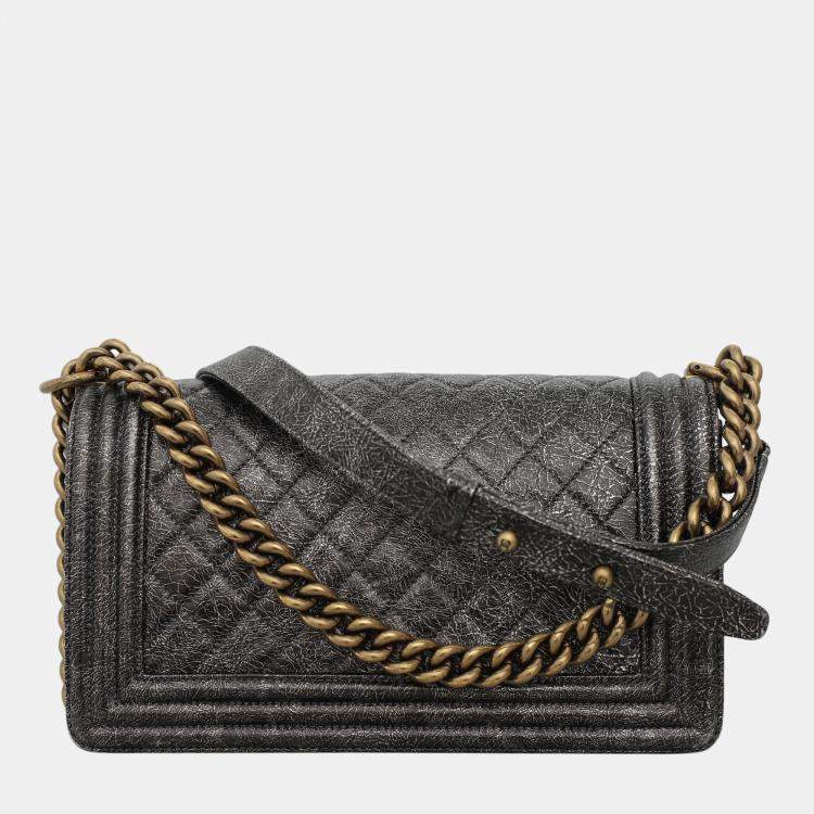 Pre Owned Chanel Metallic Grey Leather Medium Boy Bag