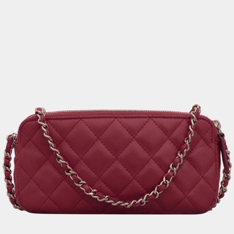 Pre Owned Chanel Red Leather Double Zip CC Clutch on Chain