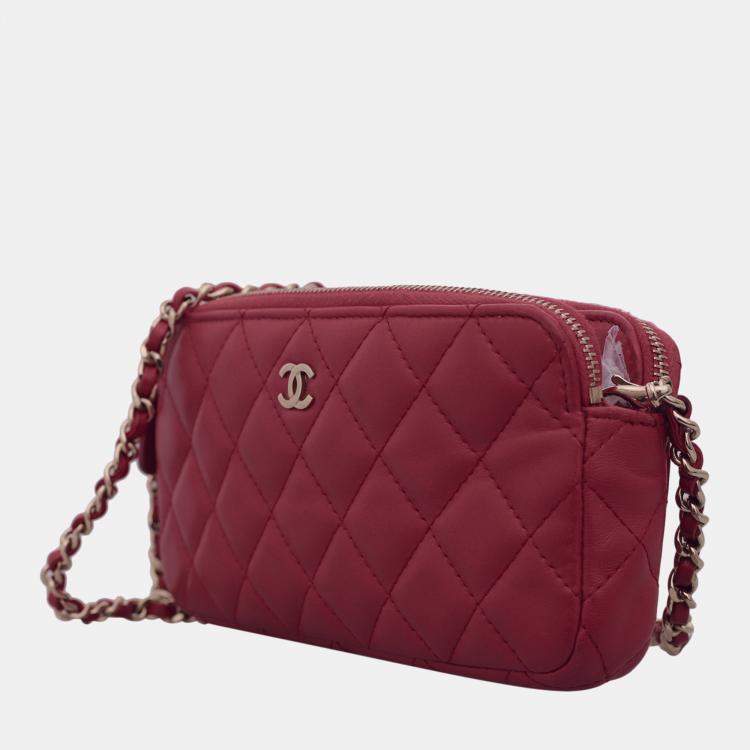 Pre Owned Chanel Red Leather Double Zip CC Clutch on Chain