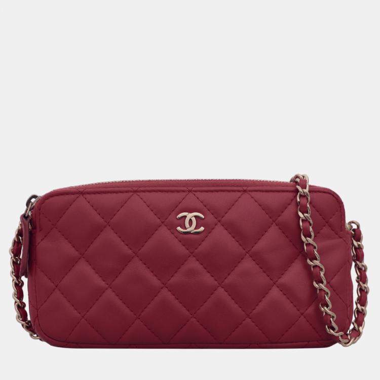 Chanel Red Leather Double Zip CC Clutch on Chain