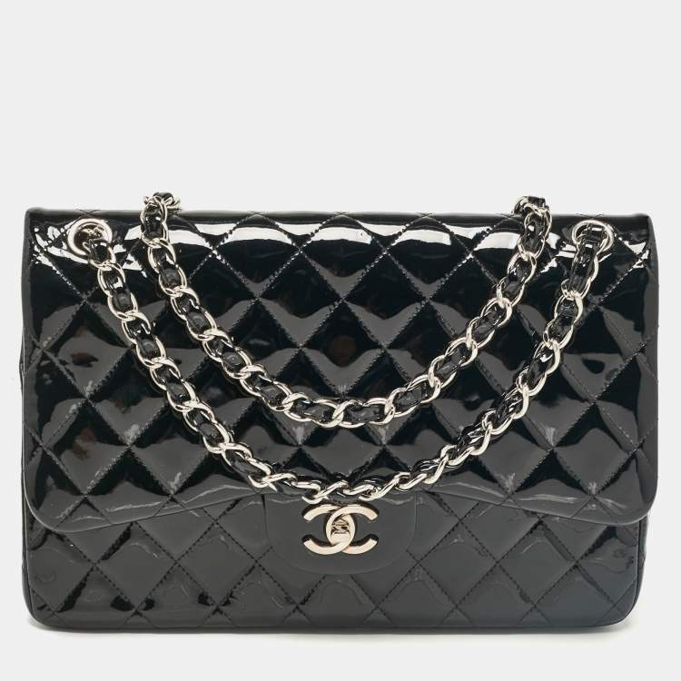 Chanel Black Quilted Patent Leather Jumbo Classic Double Flap Bag