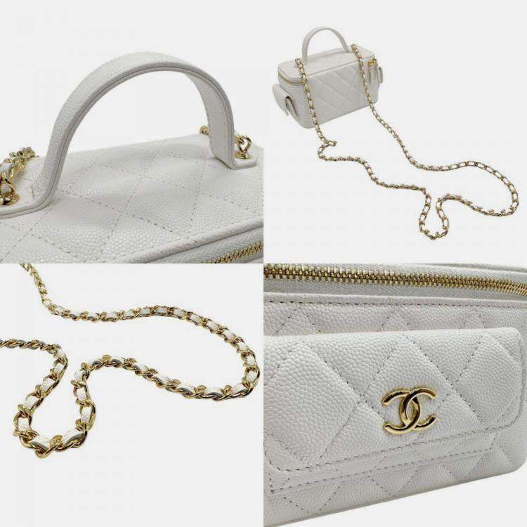 Pre Owned Chanel White Caviar Quilted Polly Pocket East West Top Vanity With Chain 