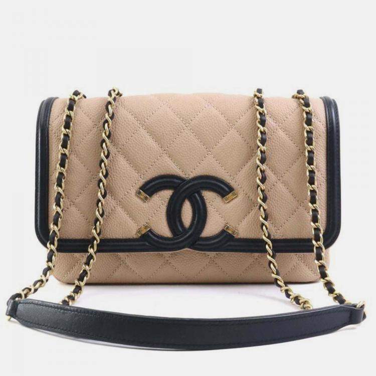 Chanel Beige/Black Leather Small CC Filigree Flap Shoulder Bag