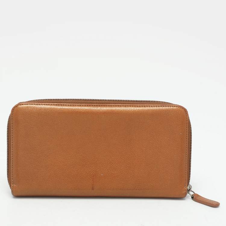 Pre Owned Chanel Brown Leather Camellia Zip Around Wallet