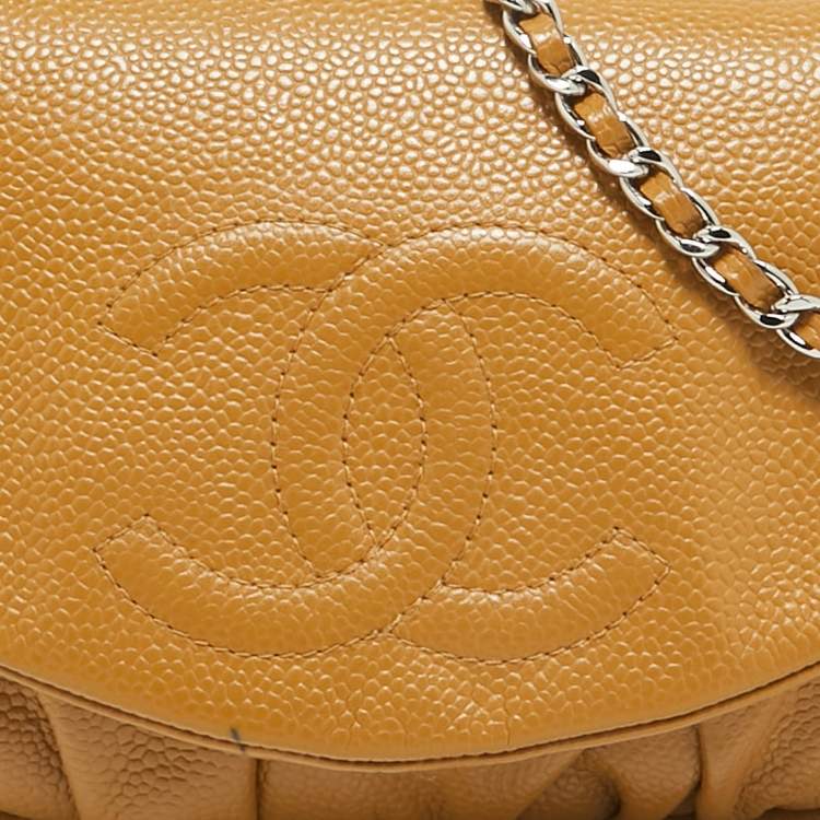Pre Owned Chanel Tan Caviar Leather Half Moon Wallet On Chain
