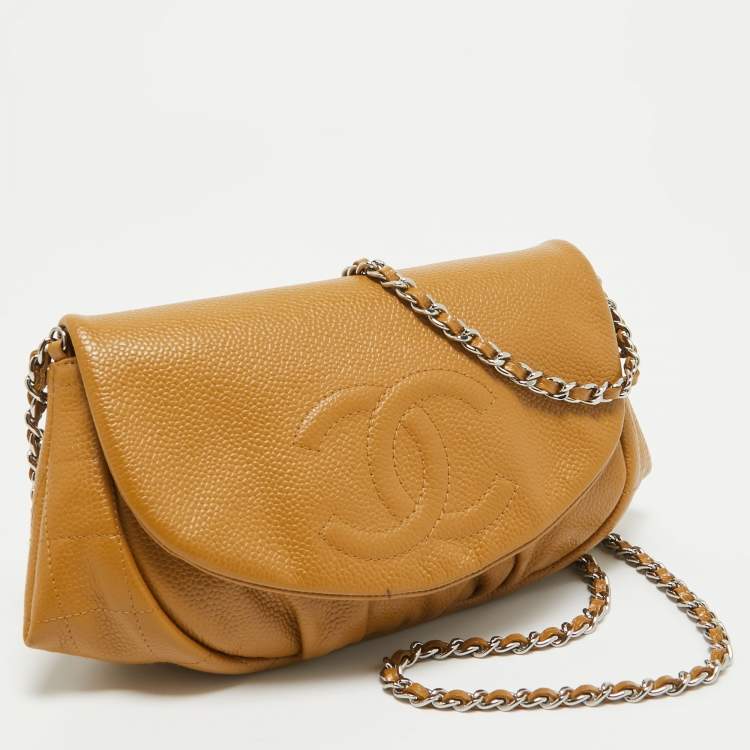 Pre Owned Chanel Tan Caviar Leather Half Moon Wallet On Chain