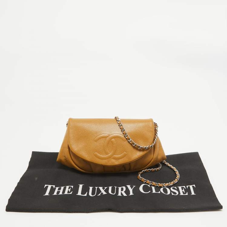 Pre Owned Chanel Tan Caviar Leather Half Moon Wallet On Chain