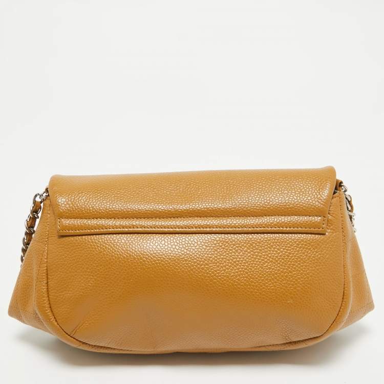 Pre Owned Chanel Tan Caviar Leather Half Moon Wallet On Chain