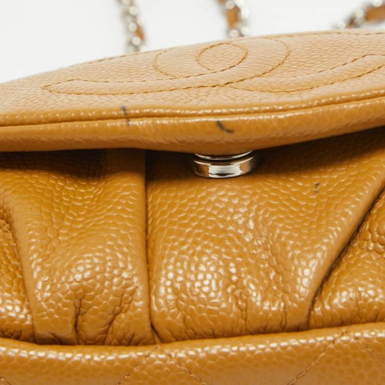 Pre Owned Chanel Tan Caviar Leather Half Moon Wallet On Chain