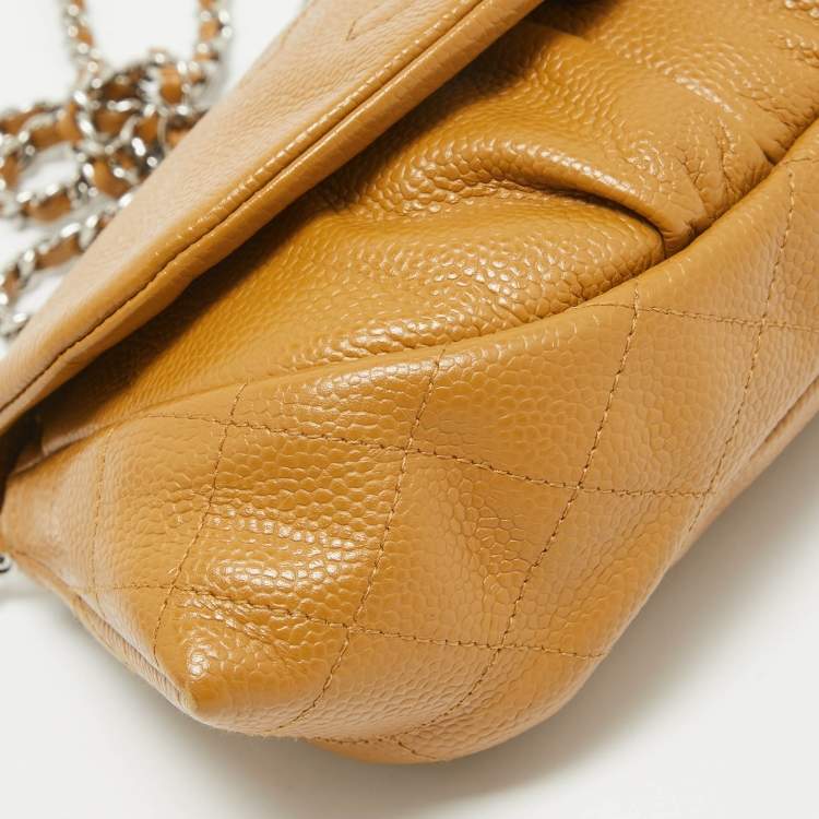 Pre Owned Chanel Tan Caviar Leather Half Moon Wallet On Chain