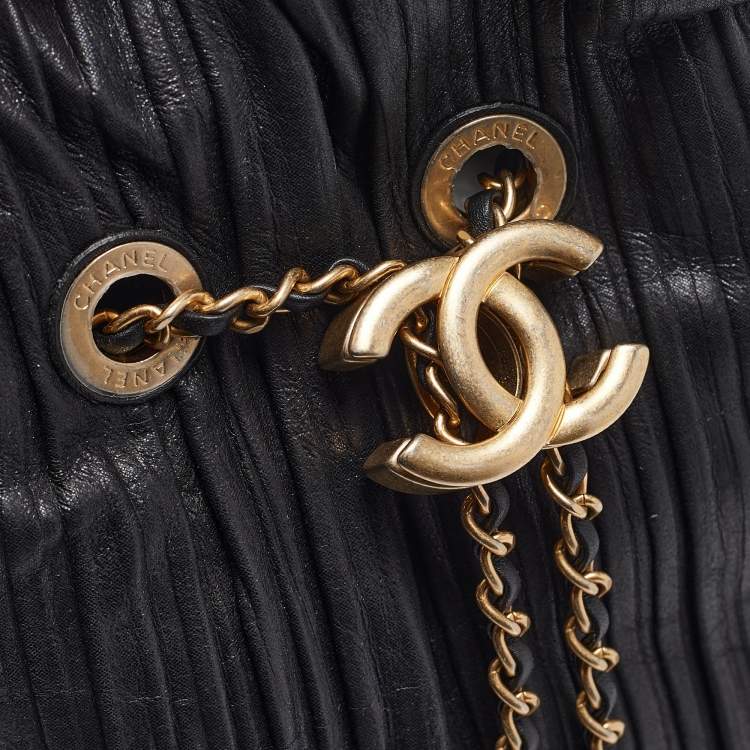 Pre Owned Chanel Black Shimmer Leather Coco Pleats Sling Backpack 