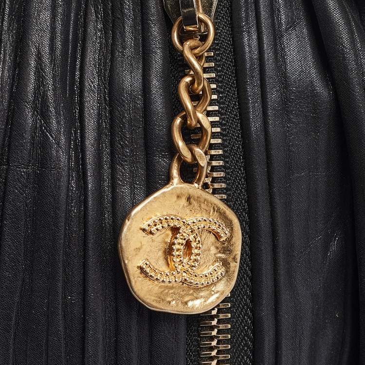 Pre Owned Chanel Black Shimmer Leather Coco Pleats Sling Backpack 