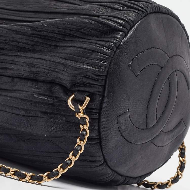 Pre Owned Chanel Black Shimmer Leather Coco Pleats Sling Backpack 