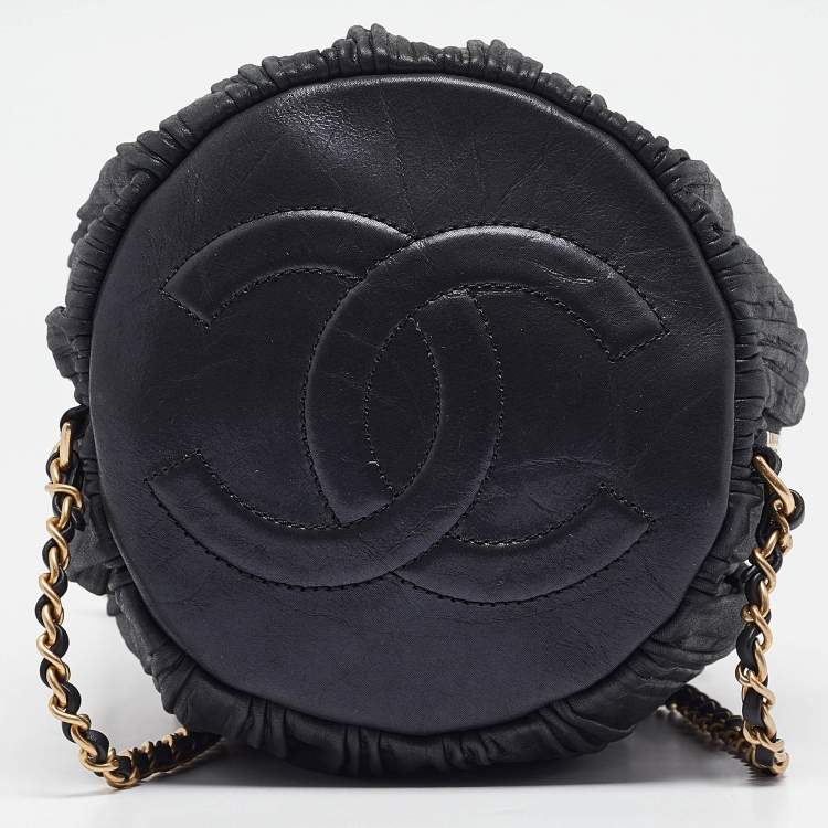 Pre Owned Chanel Black Shimmer Leather Coco Pleats Sling Backpack 