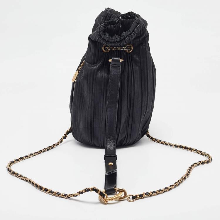Pre Owned Chanel Black Shimmer Leather Coco Pleats Sling Backpack 