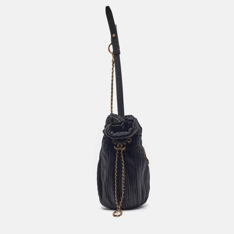 Pre Owned Chanel Black Shimmer Leather Coco Pleats Sling Backpack 