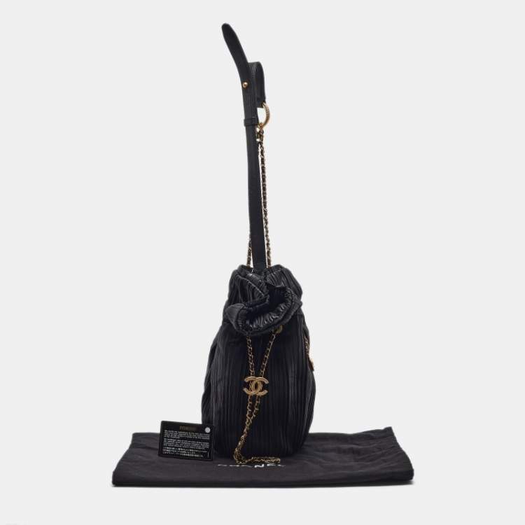 Pre Owned Chanel Black Shimmer Leather Coco Pleats Sling Backpack 