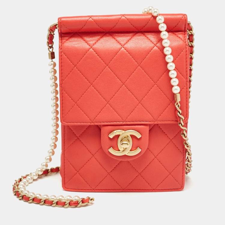 Chanel Red Quilted Leather Vertical Pearl Chain Clutch