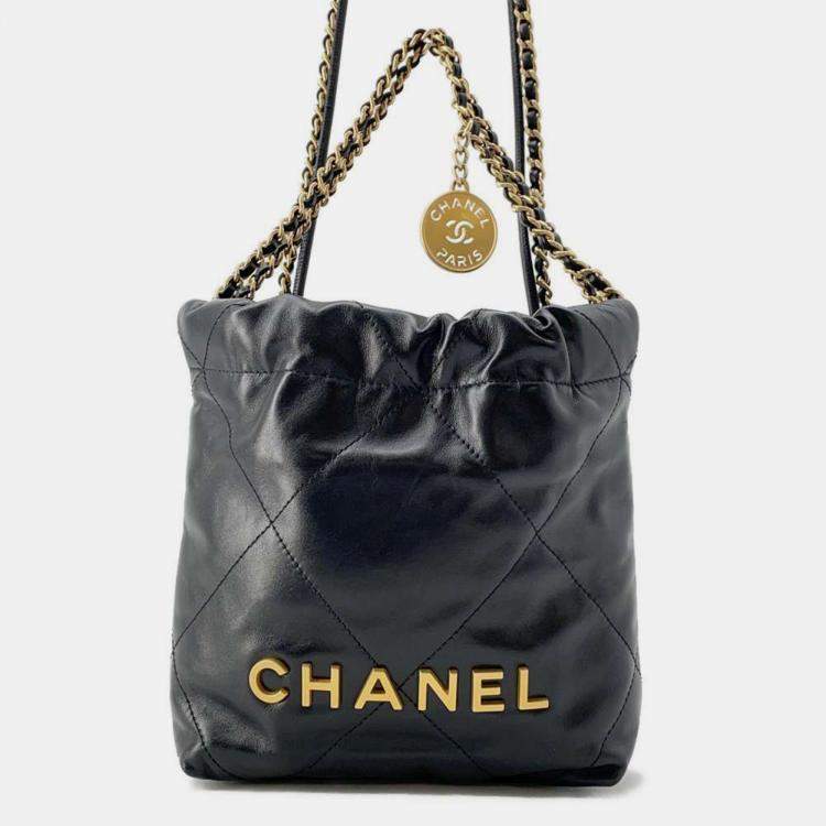 Chanel Black Shiny Calf Leather Chanel 22 Chain Handbag Size Mini