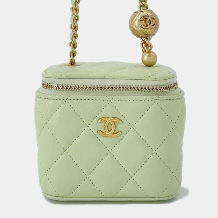 Chanel Light Green Lambskin Matelasse Cocoball Chain Small Vanity Bag Size Small