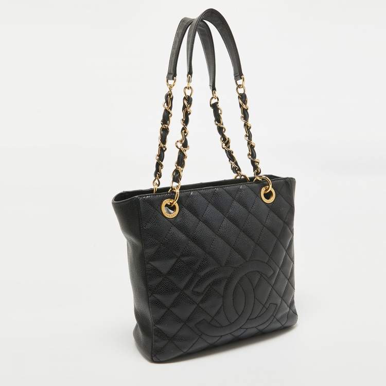 Pre Owned Chanel Black Quilted Caviar Leather Petite Shopper Tote