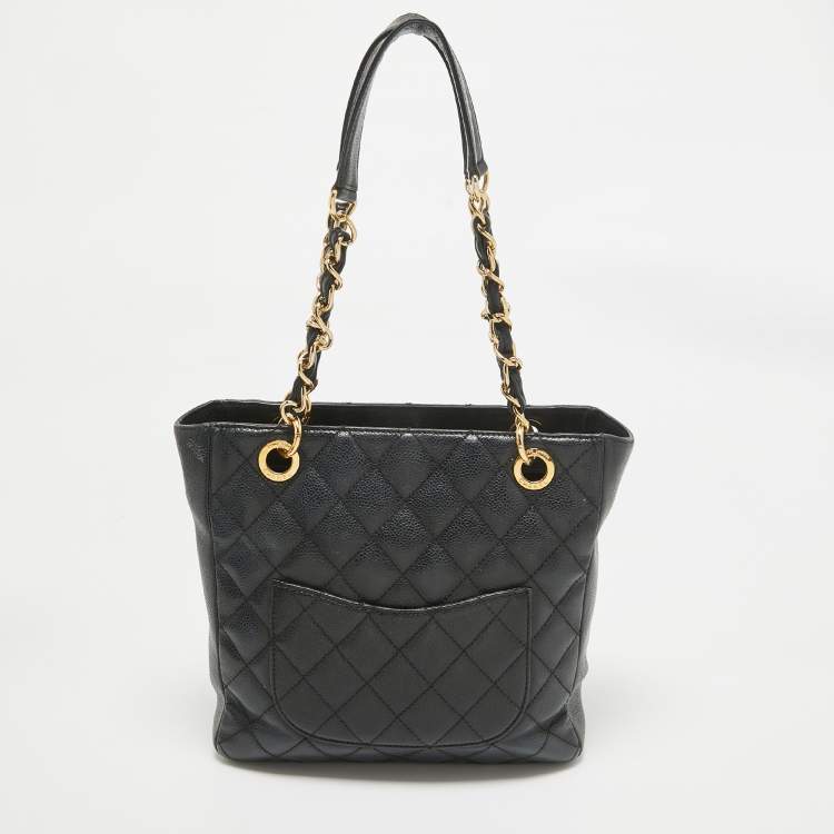 Pre Owned Chanel Black Quilted Caviar Leather Petite Shopper Tote