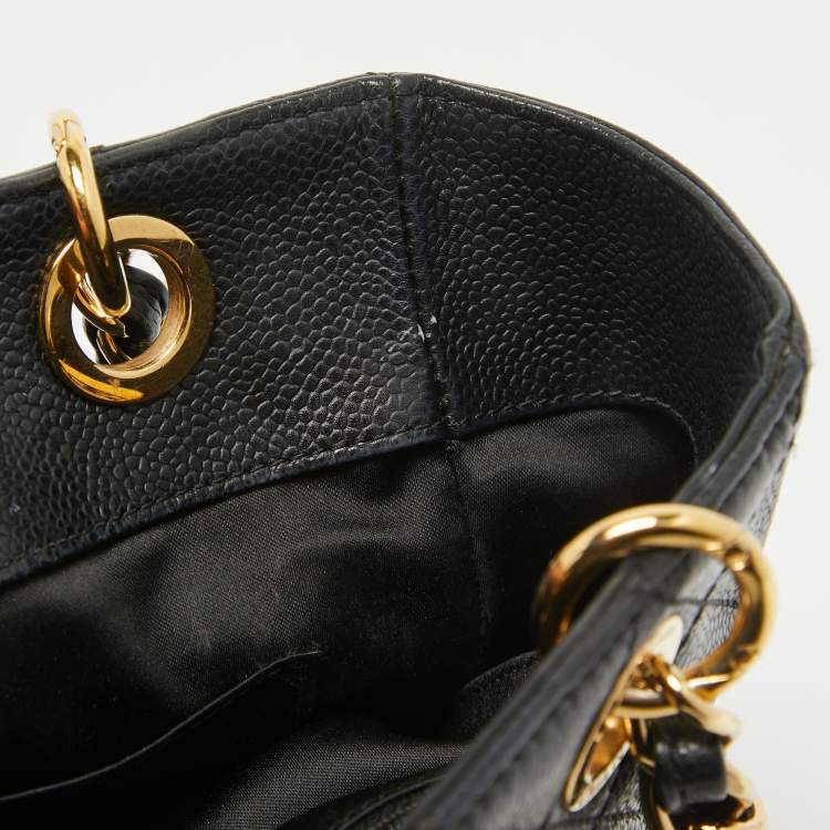Pre Owned Chanel Black Quilted Caviar Leather Petite Shopper Tote