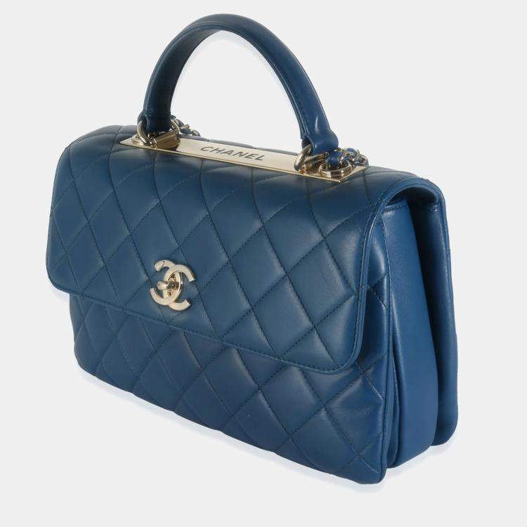 Pre Owned Chanel Navy Quilted Lambskin Medium Trendy Top Handle Bag