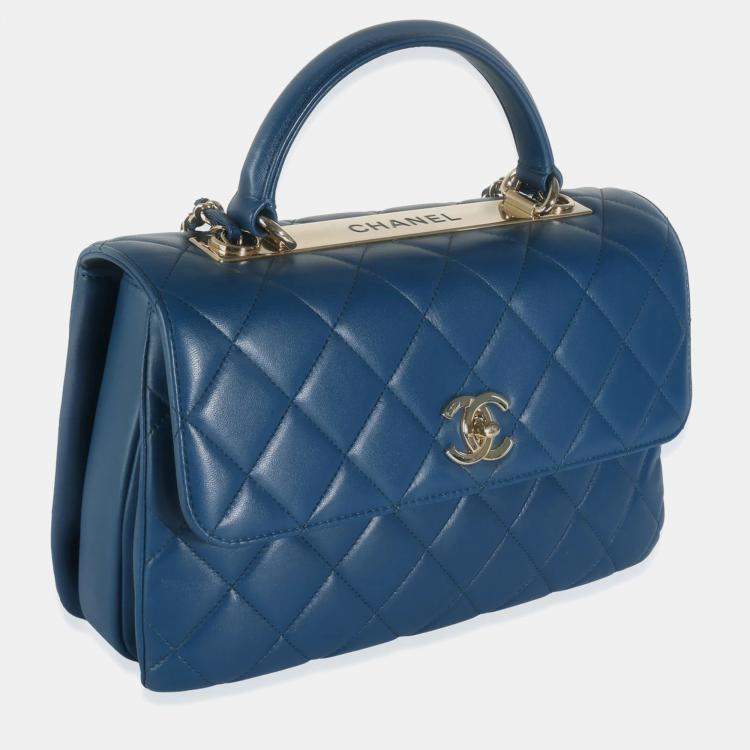 Pre Owned Chanel Navy Quilted Lambskin Medium Trendy Top Handle Bag