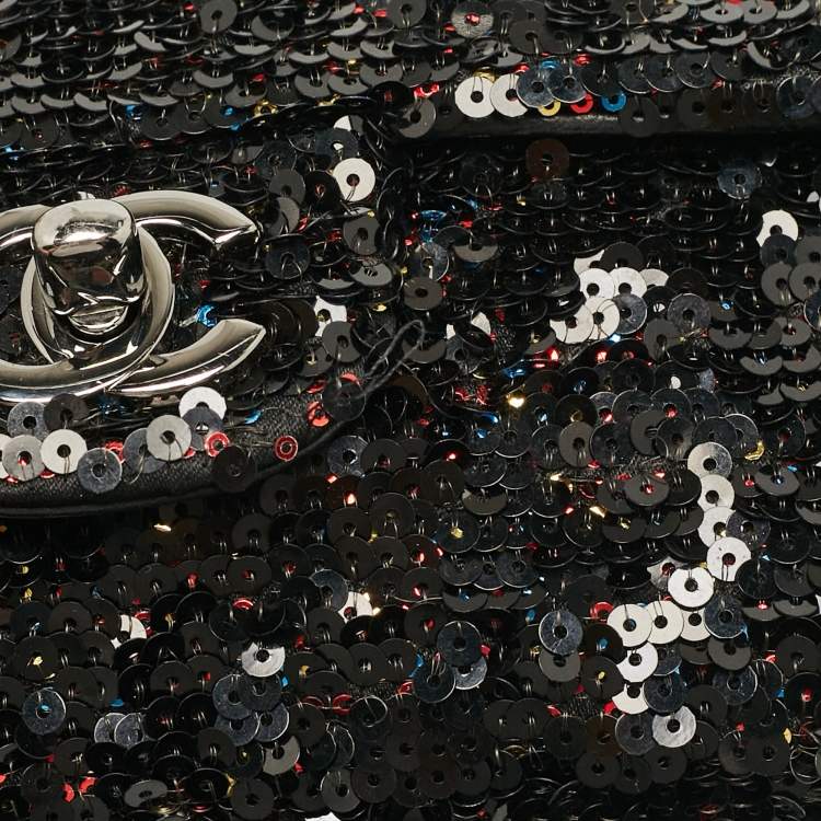 Pre Owned Chanel Black Leather and Sequins Classic Single Flap Flap Bag