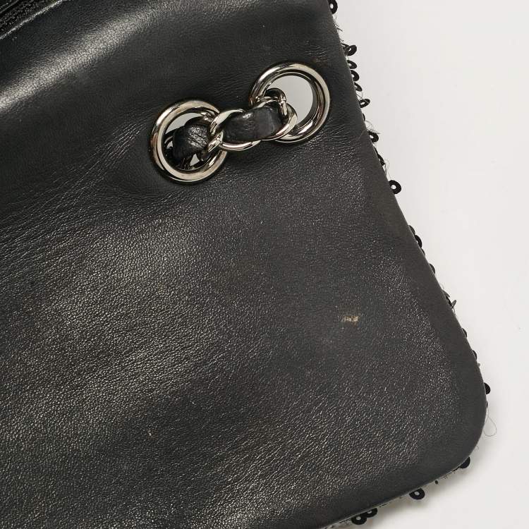 Pre Owned Chanel Black Leather and Sequins Classic Single Flap Flap Bag