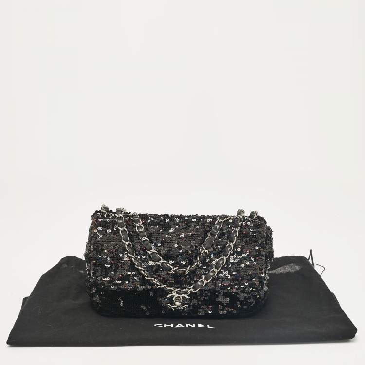 Pre Owned Chanel Black Leather and Sequins Classic Single Flap Flap Bag