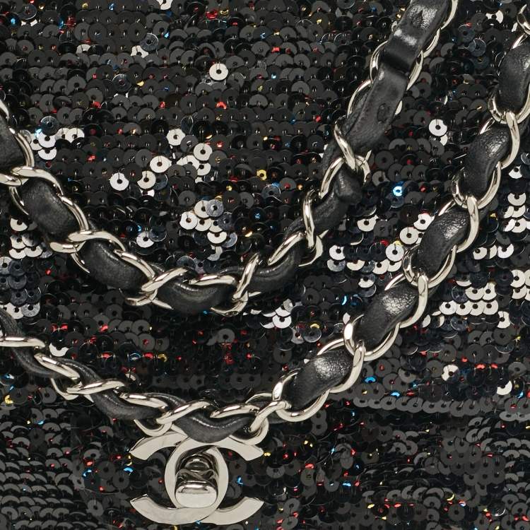 Pre Owned Chanel Black Leather and Sequins Classic Single Flap Flap Bag