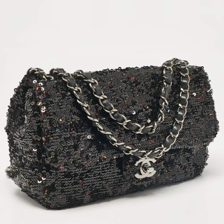 Pre Owned Chanel Black Leather and Sequins Classic Single Flap Flap Bag
