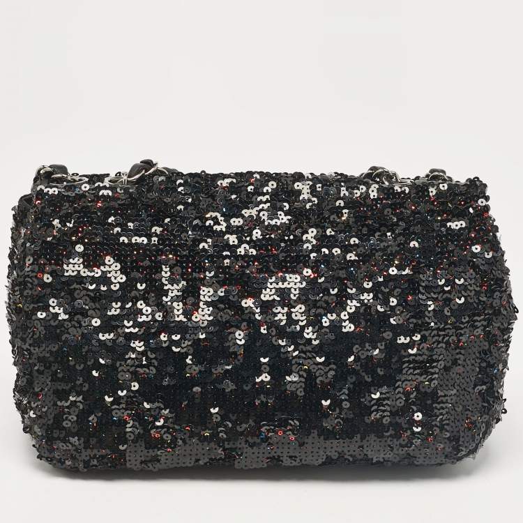 Pre Owned Chanel Black Leather and Sequins Classic Single Flap Flap Bag