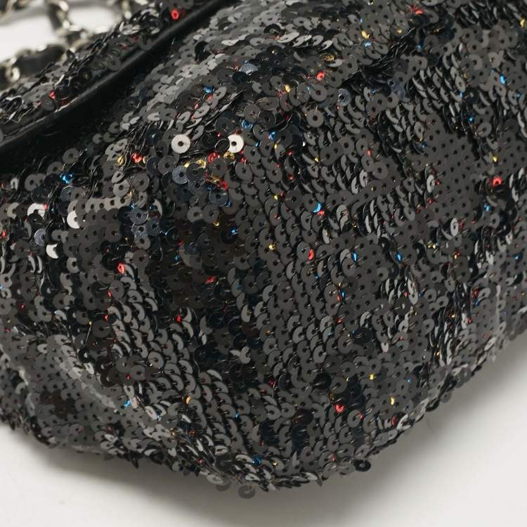 Pre Owned Chanel Black Leather and Sequins Classic Single Flap Flap Bag