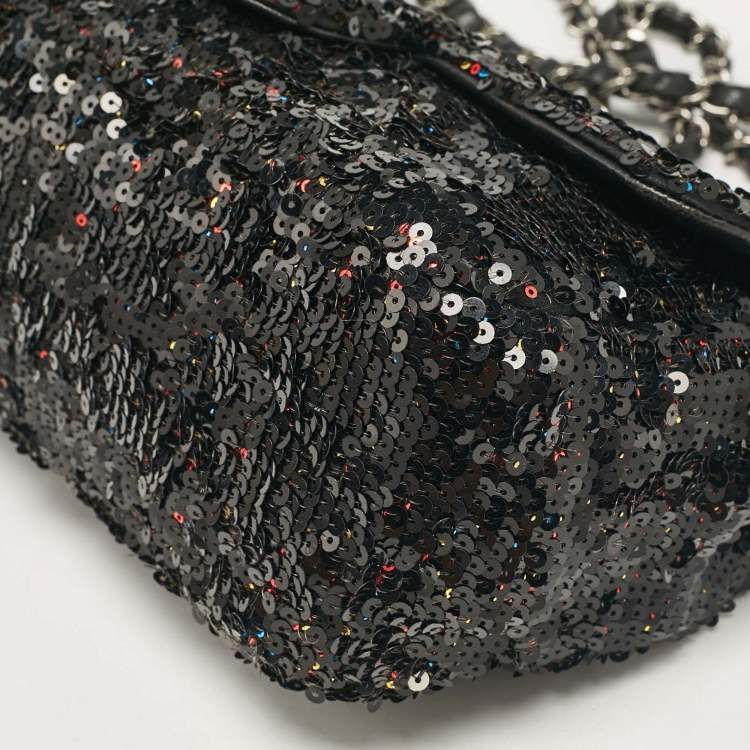 Pre Owned Chanel Black Leather and Sequins Classic Single Flap Flap Bag