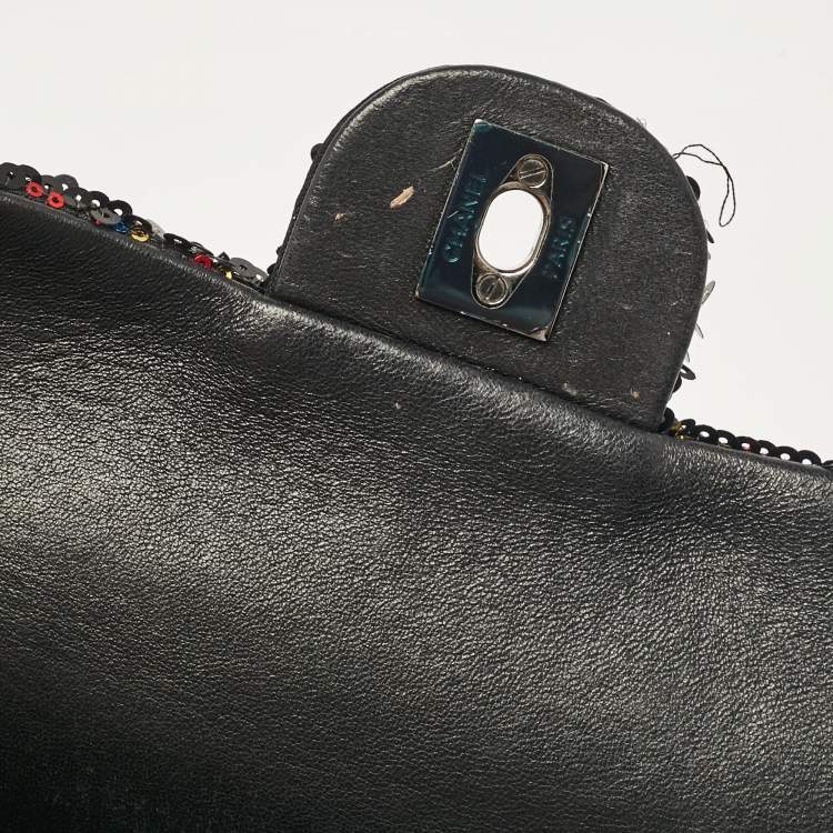 Pre Owned Chanel Black Leather and Sequins Classic Single Flap Flap Bag