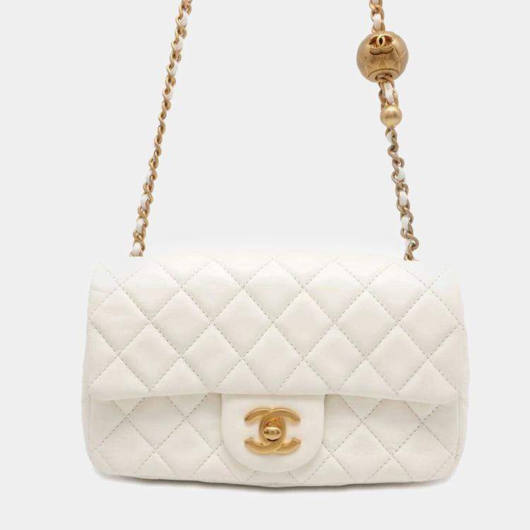 Chanel White Lambskin Leather Pearl Crush Mini Rectangular Flap Bag