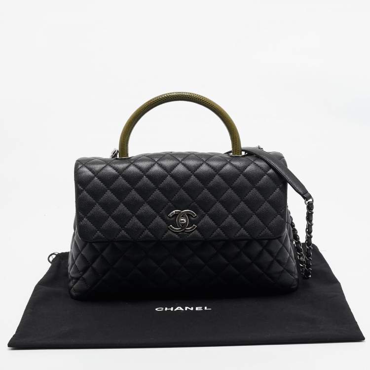 Pre Owned Chanel Black/Green Quilted Caviar Leather and Lizard Large Coco Top Handle Bag