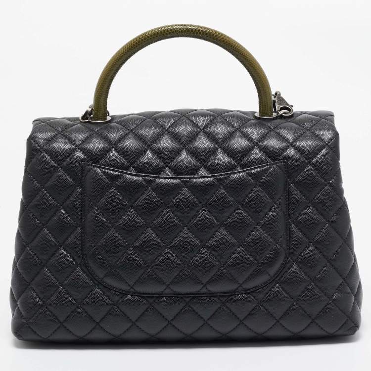 Pre Owned Chanel Black/Green Quilted Caviar Leather and Lizard Large Coco Top Handle Bag