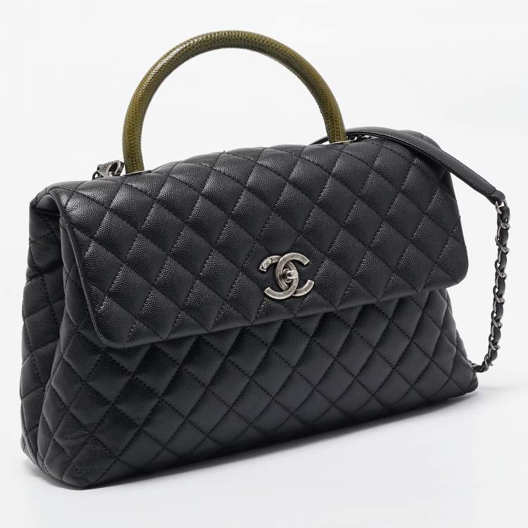 Pre Owned Chanel Black/Green Quilted Caviar Leather and Lizard Large Coco Top Handle Bag