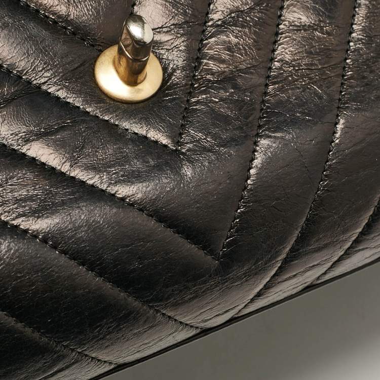 Pre Owned Chanel Black Chevron Leather Leather Small Coco Top Handle Bag