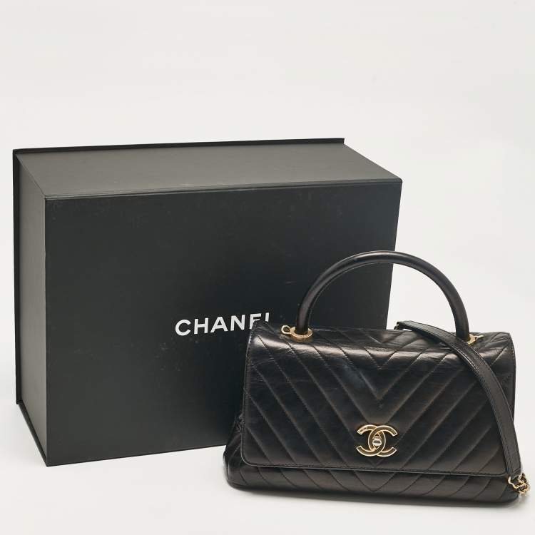 Pre Owned Chanel Black Chevron Leather Leather Small Coco Top Handle Bag