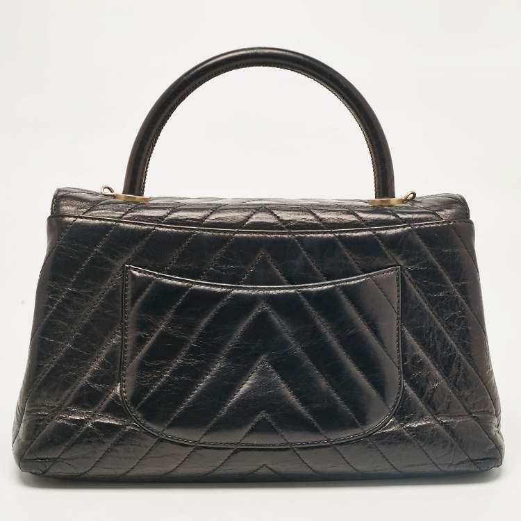 Pre Owned Chanel Black Chevron Leather Leather Small Coco Top Handle Bag